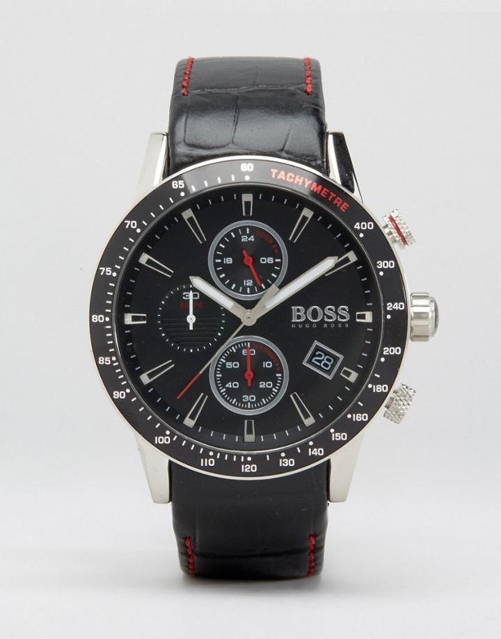 Boss By Hugo Boss Rafale Chronograph Leather Watch In Black - Black