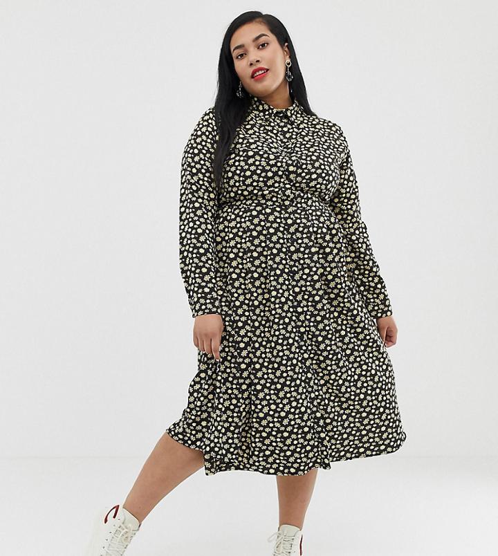 Glamorous Curve Midi Shirt Dress With Pleated Skirt In Buttercup Floral-black