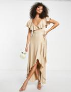 Topshop Bridesmaid Recycled Blend Satin Ruffle Wrap Dress In Gold