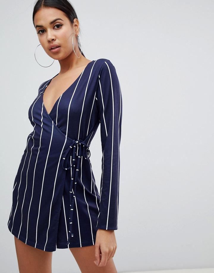 Asos Design Wrap Romper In Stripe-navy