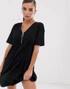 Asos Design Zip Front Smock Dress With Pockets - Black