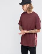 Asos Oversized Longline T-shirt With Side Zips In Burgundy - Red