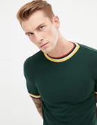Asos Design Muscle Fit T-shirt With Rainbow Tipping In Khaki - Green