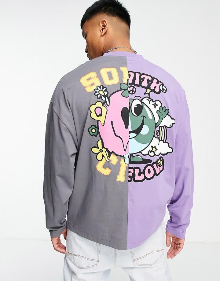 Asos Design Oversized Long Sleeve T-shirt In Gray And Purple Color Block With Back Graffiti Print-multi