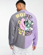 Asos Design Oversized Long Sleeve T-shirt In Gray And Purple Color Block With Back Graffiti Print-multi