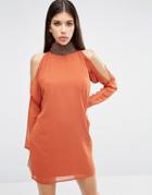 Asos Embellished Trim Cold Shoulder Sleeve Mini Dress - Orange