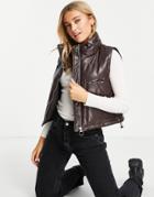 Pull & Bear Cropped Padded Pu Vest With Pockets In Brown