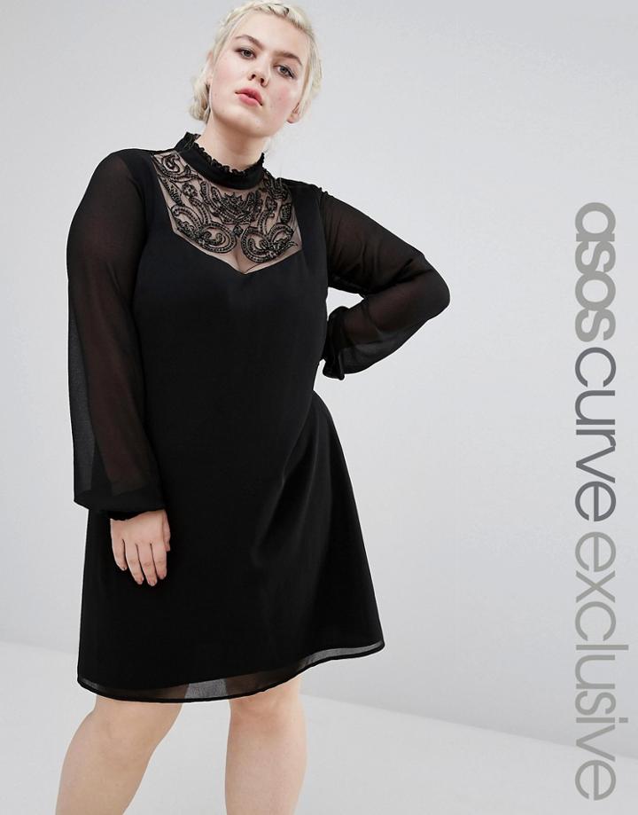Asos Curve Shift Dress With Long Sleeve And Embellished Bib - Black