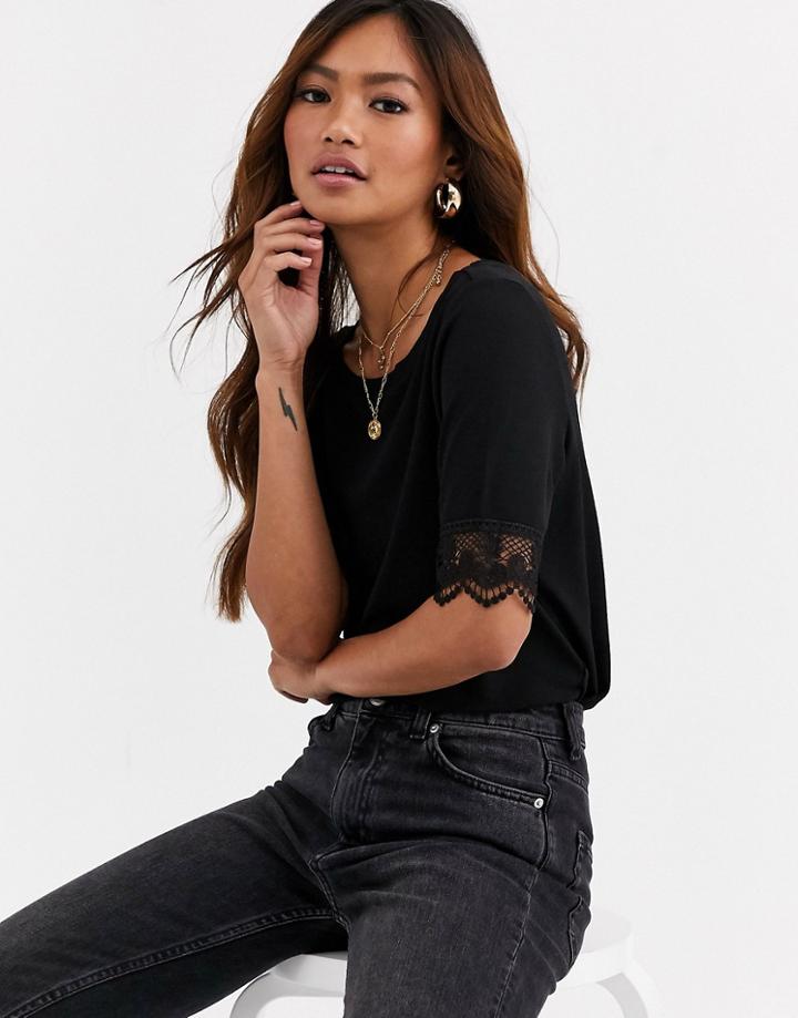 Jdy Gretha Lace Trim Short Sleeve Top-black