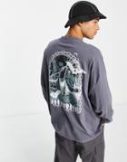 Asos Design Oversized Long Sleeve T-shirt In Gray With Wolf Back Print-grey