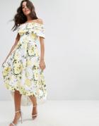 Asos Deep Bardot Scuba Floral Dip Back Midi Dress - Multi