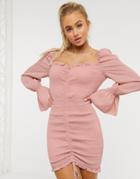 Parisian Ruched Front Bodycon Dress With Sheer Sleeves In Nude-pink
