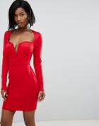 Club L Long Sleeve Scuba Boned Detailed Pencil Dress - Red