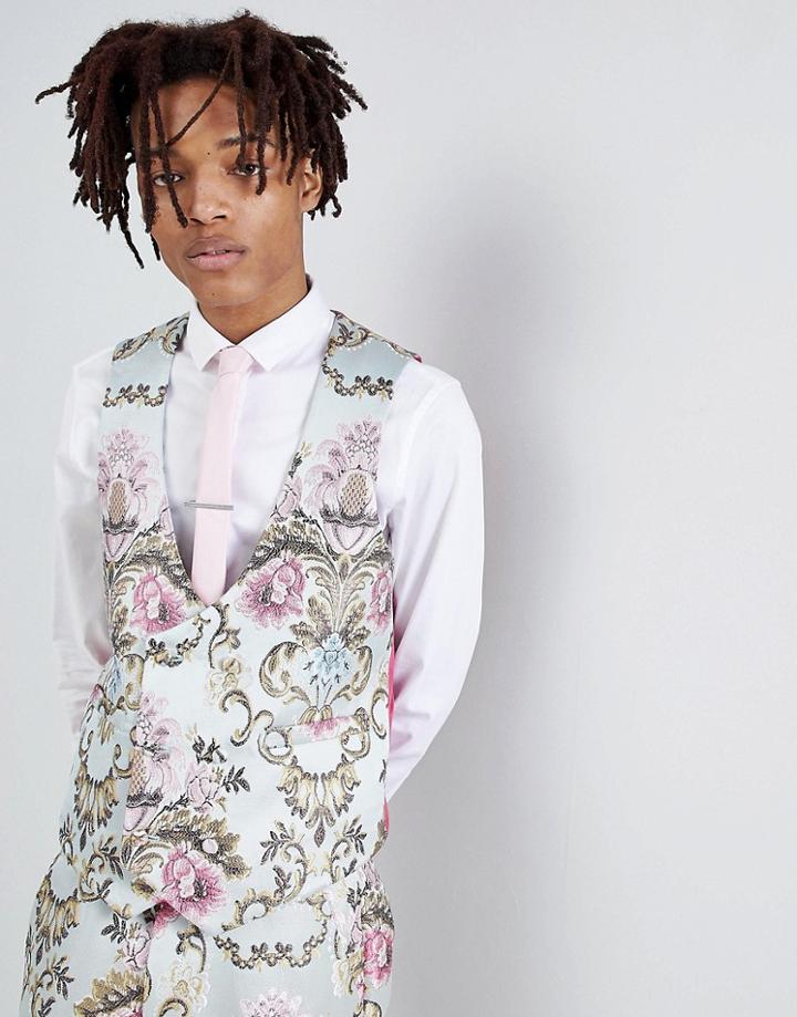 Asos Edition Wedding Skinny Suit Vest In Pastel Floral Jacquard - Blue