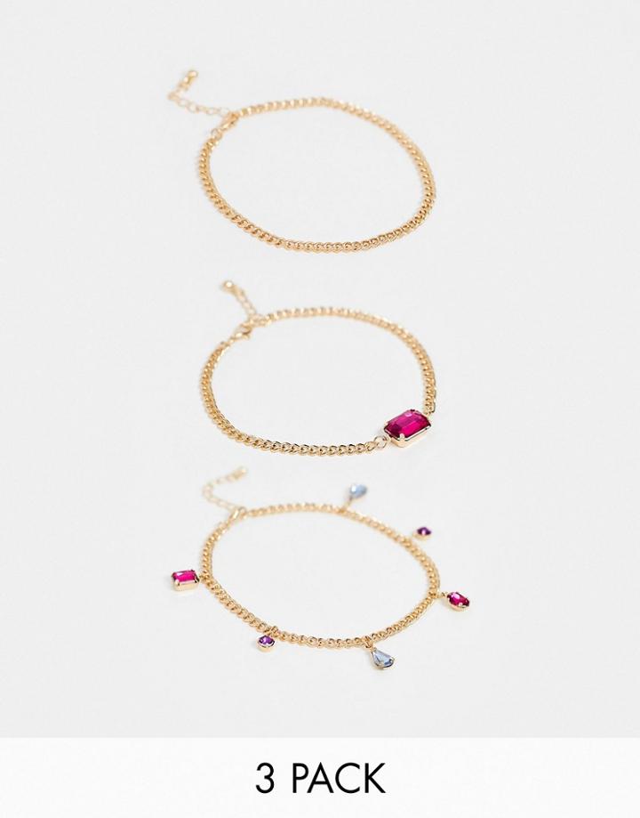 Asos Design Pack Of 3 Anklets With Colorful Jewel Drops In Gold Tone