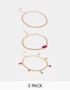 Asos Design Pack Of 3 Anklets With Colorful Jewel Drops In Gold Tone