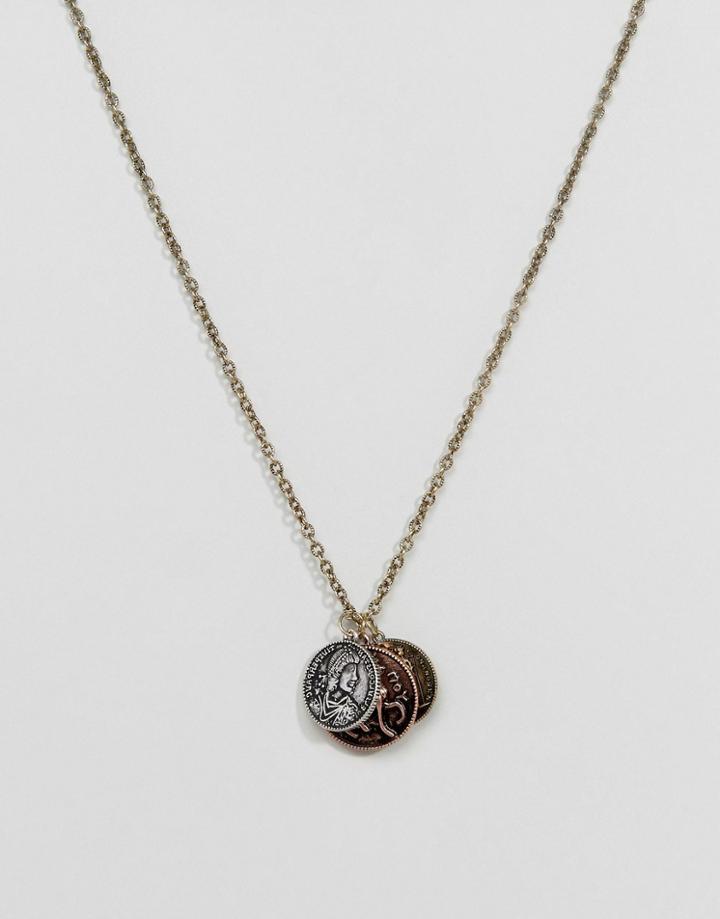 Asos Necklace With Triple Coin Pendants In Mixed Finish - Gold