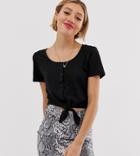 Brave Soul Petite Crop T Shirt With Tie Front And Button Detail-black