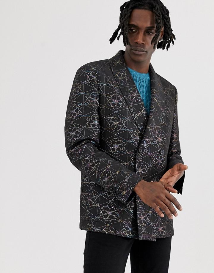 Asos Edition Boxy Double Breasted Blazer With Metallic Geo Design In Black