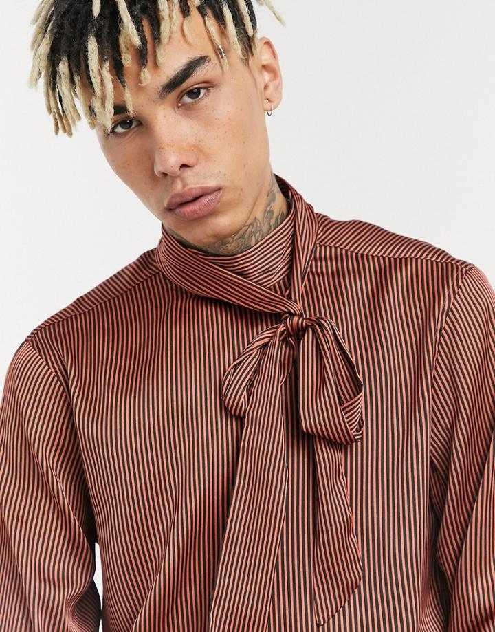 Asos Design Regular Fit Pussy Bow Shirt In Copper Stripe Satin-yellow