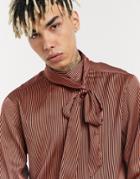 Asos Design Regular Fit Pussy Bow Shirt In Copper Stripe Satin-yellow