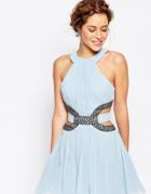 Little Mistress Petite High Neck Skater Mini Dress With Embellished Cutout - Blue