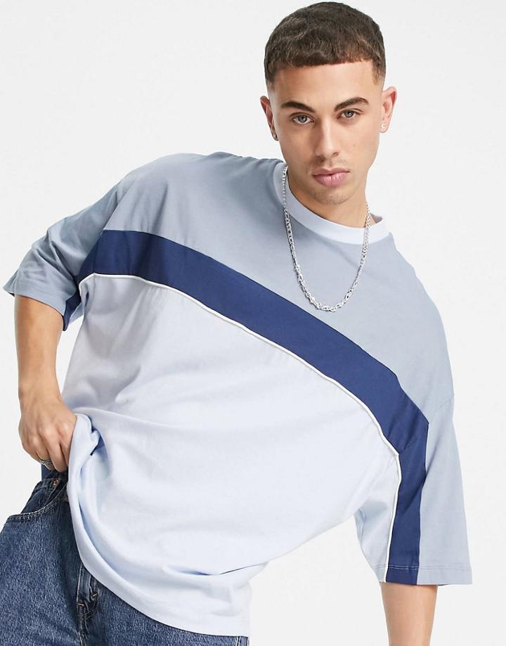 Asos Design Oversized T-shirt In Blue And Gray Color Block-multi