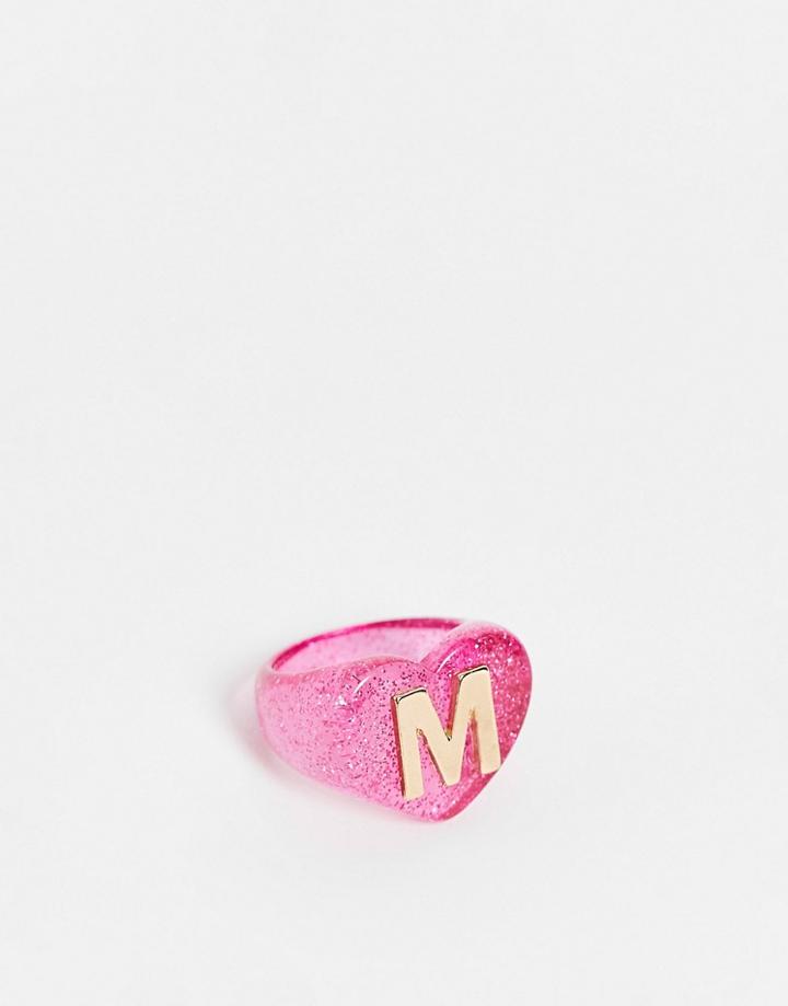 Asos Design Plastic Ring With M Initial-pink