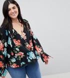 Asos Curve Oversized Wrap Blouse With Dip Hem In Floral - Multi