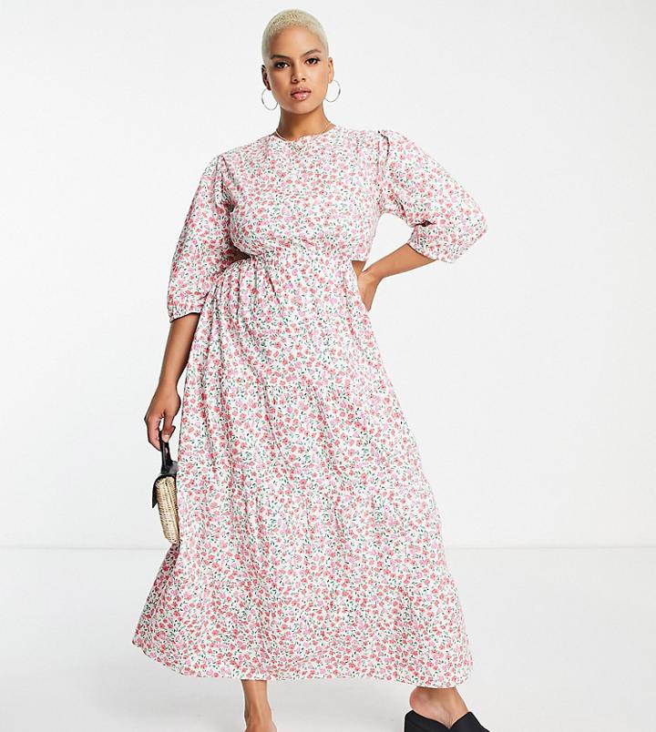 Neon Rose Plus Tie Back Tiered Maxi Smock Dress In Pink Ditsy Floral
