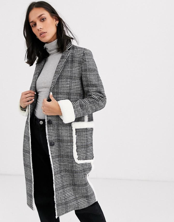 Gianni Feraud Longline Wool Blend Check Coat With Faux Fur Trims