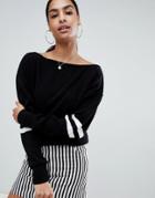 Prettylittlething Off Shoulder Sweater With Contrast Stripe In Black - Black