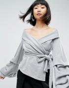 Asos White Off Shoulder Wrap Top In Jersey - Gray