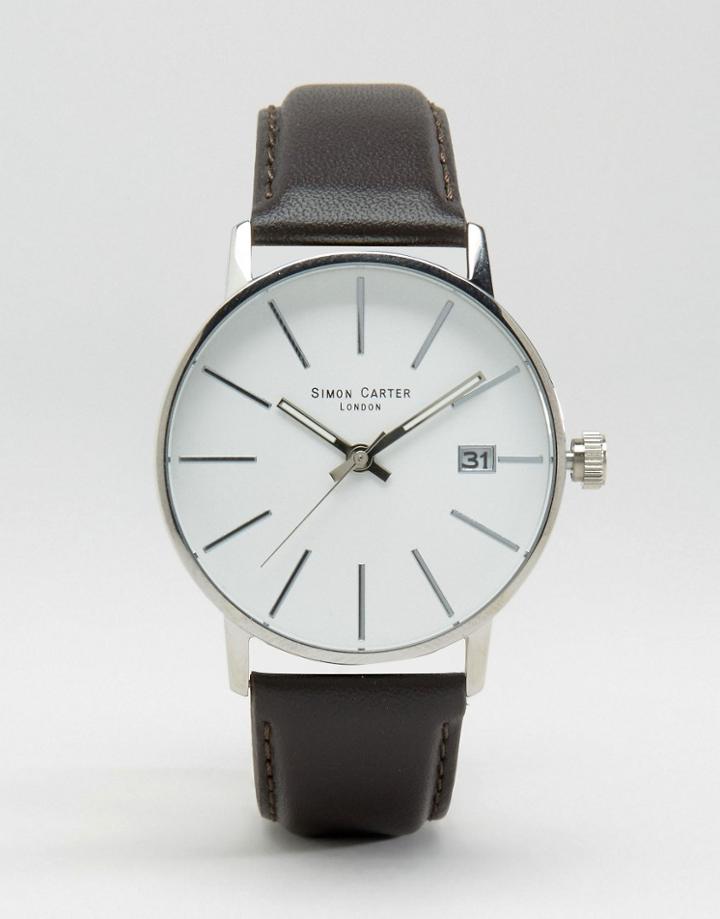 Simon Carter Brown Leather Watch With White Dial - Black