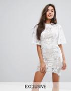 Love Triangle Allover Lace Open Back Mini Dress With Fluted Sleeve Detail - White
