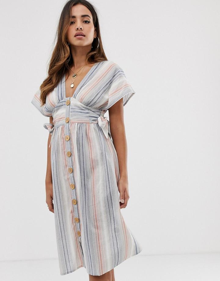 Boohoo Exclusive Midi Dress With Tie Sides And Button Through In Washed Pastel Stripe - Multi