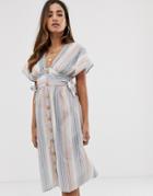 Boohoo Exclusive Midi Dress With Tie Sides And Button Through In Washed Pastel Stripe - Multi