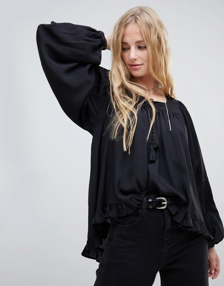 Asos Design Smock Top With Tassel Ties - Black
