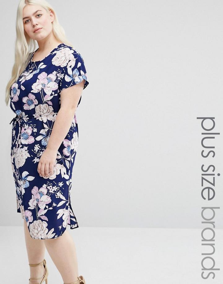 Koko Plus Tie Waist Dress In Floral Print - Navy