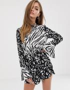 Asos Design Romper With Frill Hem And Tie Back In Mixed Print