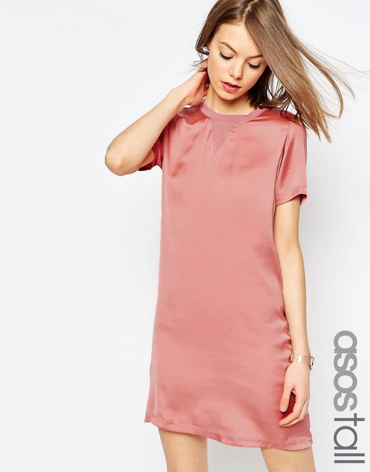 Asos Tall Satin Front T-shirt Dress - Pink
