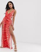 Asos Design Tie Back Cross Front Split Maxi Beach Dress In Red Tiger Print - Multi