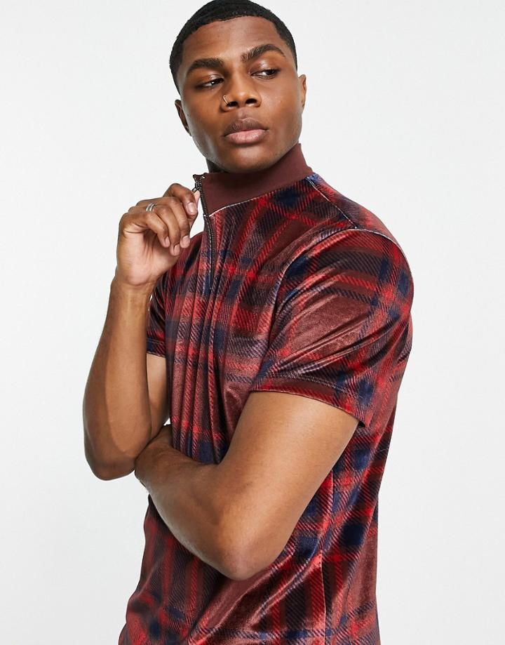 Asos Design T-shirt In Brown Check Velour With Zip Turtle Neck