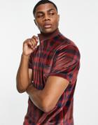 Asos Design T-shirt In Brown Check Velour With Zip Turtle Neck