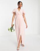 Tfnc Bridesmaid Chiffon Wrap Front Maxi Dress With Flutter Sleeve In Whisper Pink