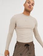 Asos Design Muscle Fit Long Sleeve T-shirt In Rib In Beige