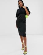 Asos Design Midi Pencil Dress With Button Detail And Angel Sleeves - Black