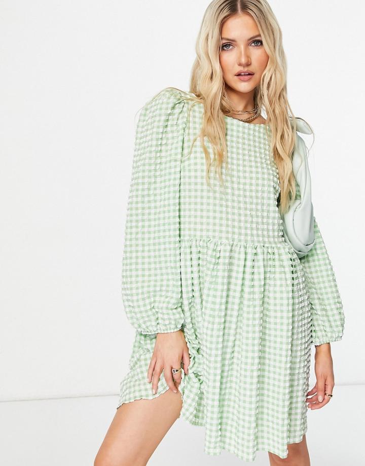 Asos Design Textured Mini Smock Dress With Strappy Back In Green And White Gingham-multi