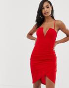 Scarlet Rocks Deep Plunge Mini Dress With Wrap Skirt In Red - Red
