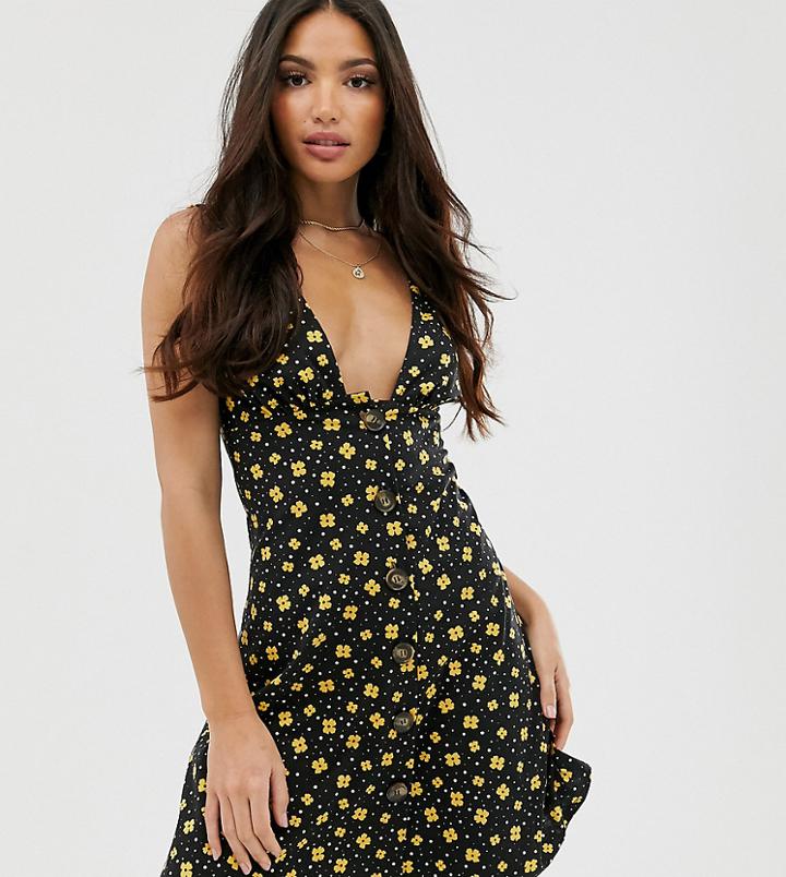 Asos Design Tall Button Through Pansy Print Sundress-green